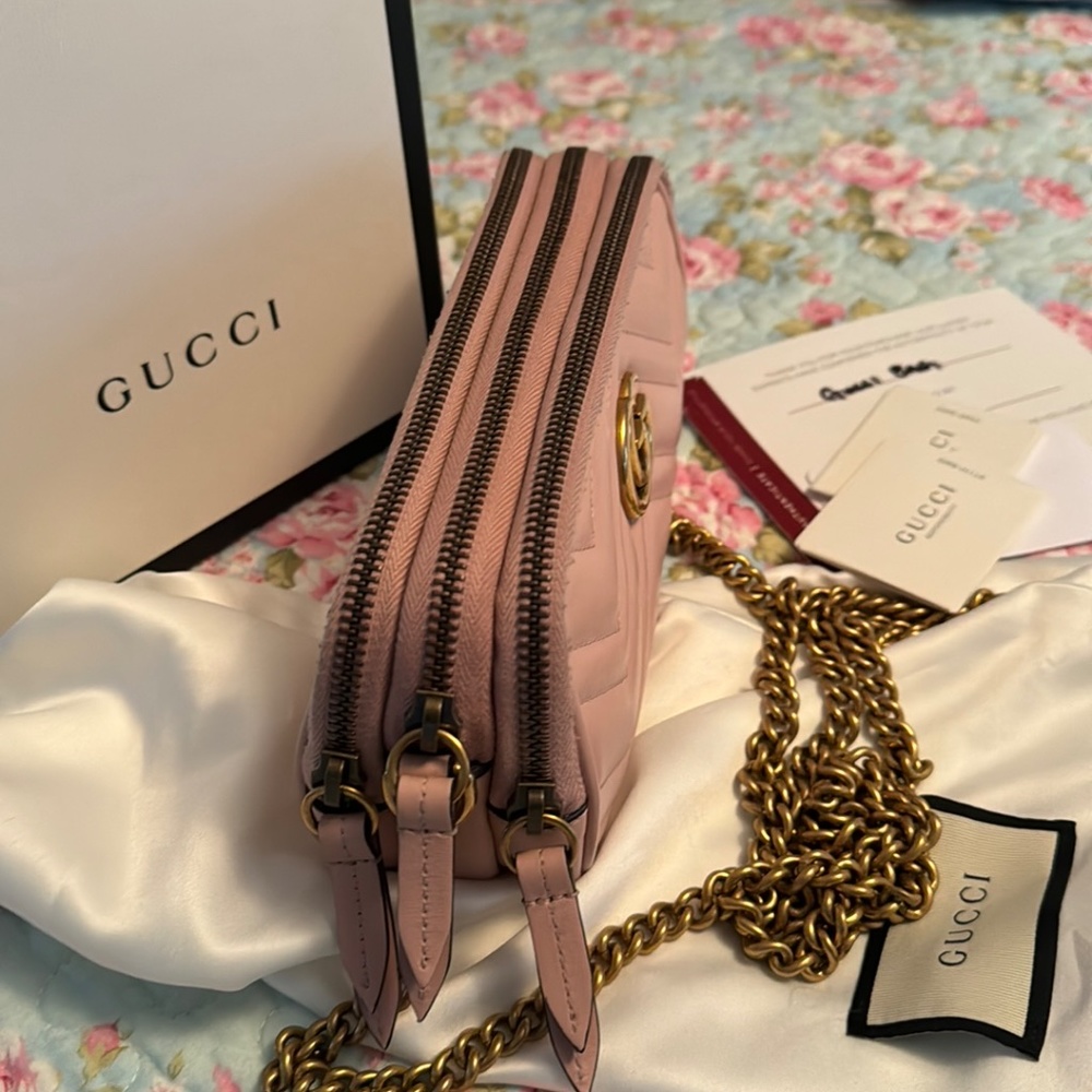 TRADED 💎Gucci💎 Marmont *Triple Zip* Nude Blush Pink Camera  Crossbody - Picture 11 of 12